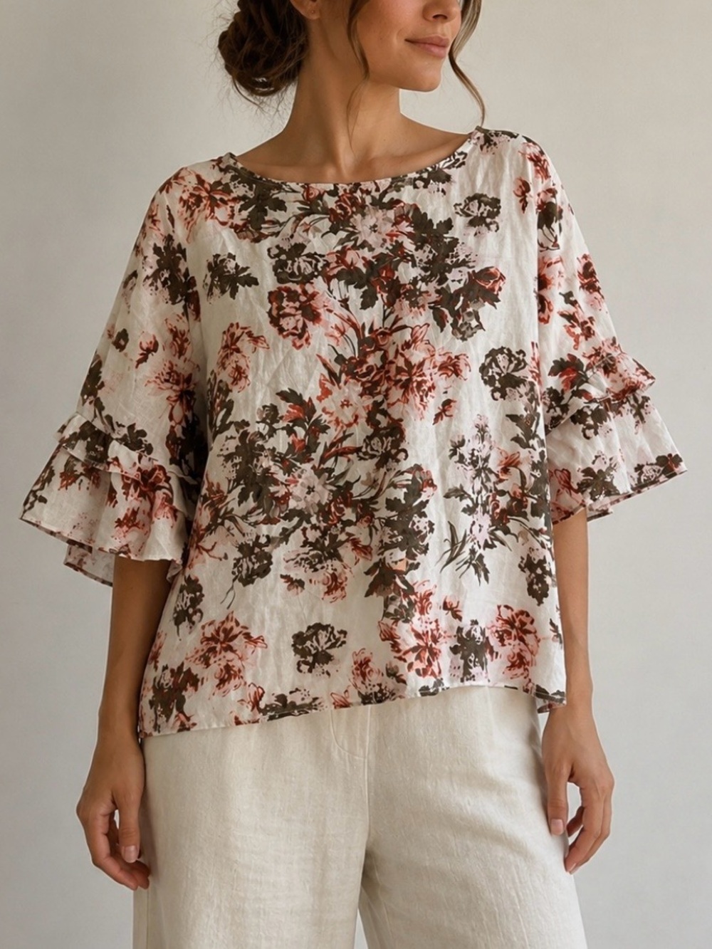 Lord & Taylor Woman 100% Linen Floral Blouse 1X Double Flutter Sleeve